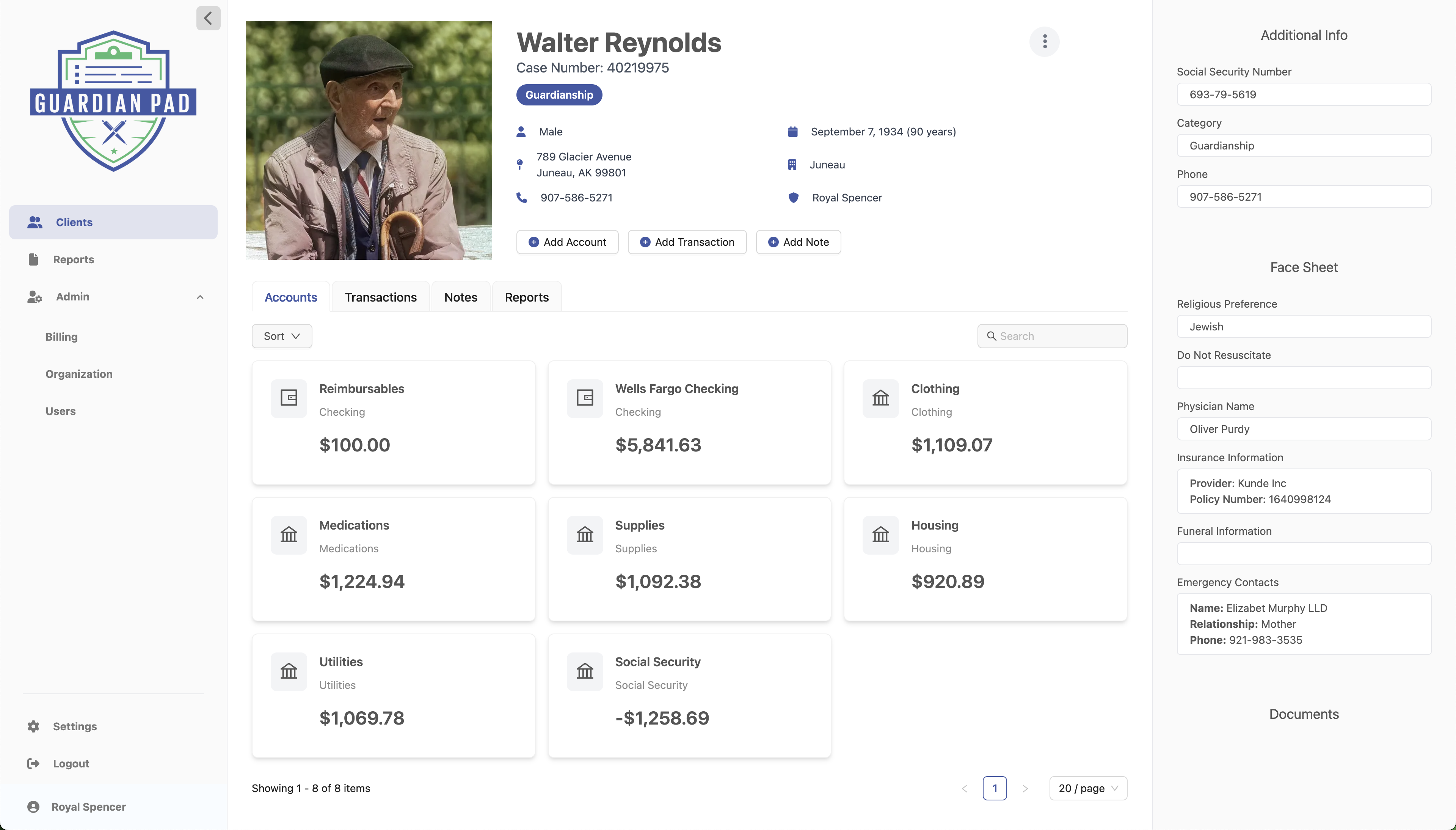 GuardianPad dashboard interface showing client profile and financial management
